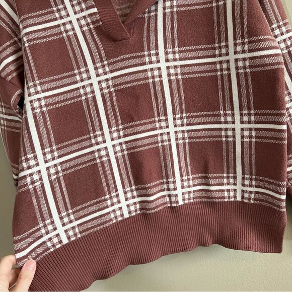 ✨ Max Studio Women’s Brown Plaid Collared Sweater Medium - Picture 4 of 11